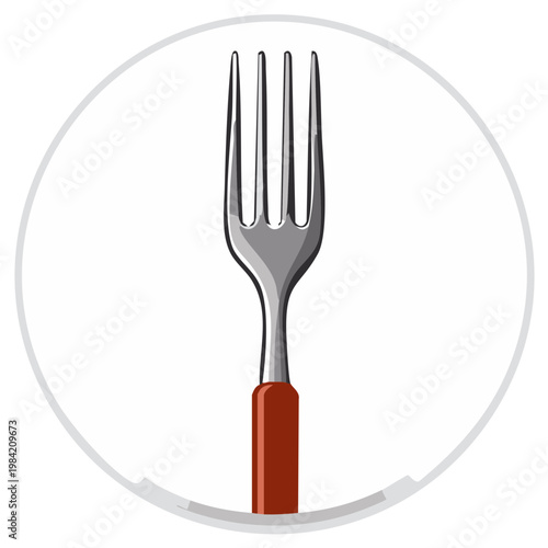 Close up of a clean metallic fork with a brown handle inside a circular frame