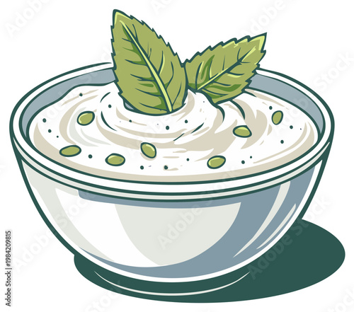 Bowl of delicious creamy dip garnished with fresh green mint leaves and tiny pumpkin seeds for flavor and color