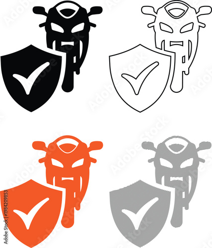 Motorcycle insurance vector illustration featuring front view bike and shield with check mark in four professional design styles.