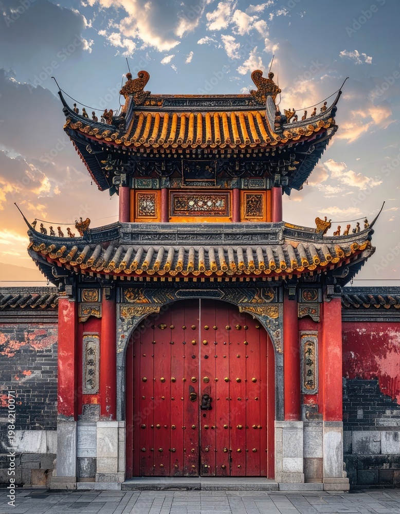Fototapeta premium A vibrant, traditional Chinese gate stands prominently against a backdrop of a colorful sunset sky, showcasing intricate architectural details and rich cultural heritage.