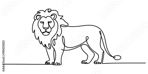 A continuous single line drawing of a majestic lion standing tall on a plain white background. Vector, illustration