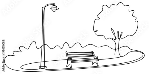 A minimalist single line drawing depicting a peaceful park scene with a bench and street light Vector, illustration