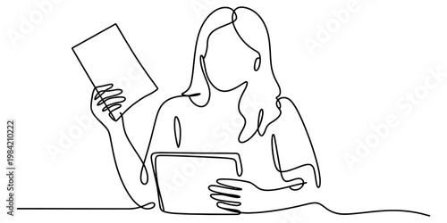 A continuous line drawing of a woman holding a digital tablet and a paper document in her hands Vector, illustration
