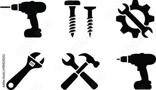 Black silhouette icons of various hand tools for construction and repair