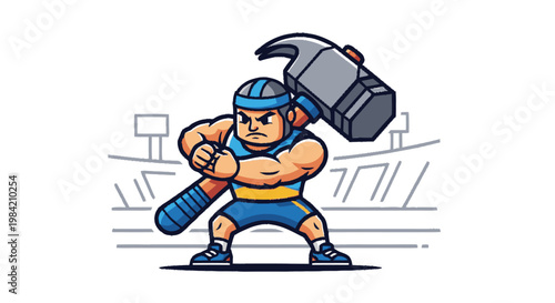 Cartoon athlete swinging large hammer on white background illustration