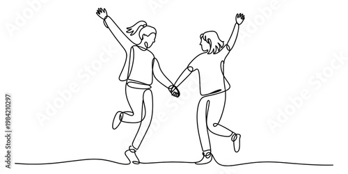 Continuous line drawing of two happy young women jumping while holding hands in a joyful manner Vector, illustration