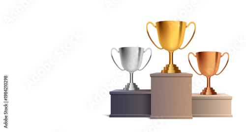Gold Silver and Bronze Trophy Cups on Winners Podium Isolated on Transparent Background for Award Competition and Ranking Concept