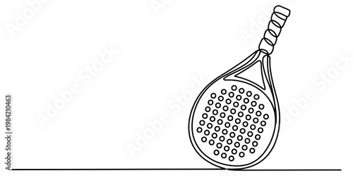 A simple black and white line drawing of a padel racket resting on a flat surface for sports Vector, illustration