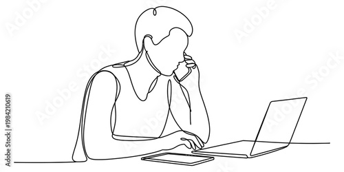 A continuous line drawing of a person sitting at a desk while talking on a mobile phone at work Vector, illustration