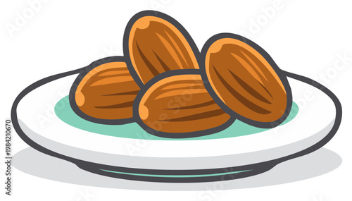Illustration of almonds on a plate. Nutritious food, healthy eating concept.