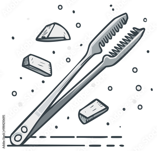 Grilling Tongs with Charcoal Pieces Illustration for Outdoor Cooking and BBQ
