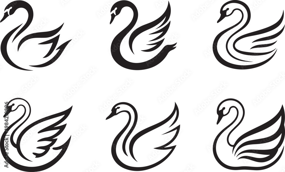 Obraz premium Minimalist swan logo set with elegant black silhouette designs for branding identity and decoration
