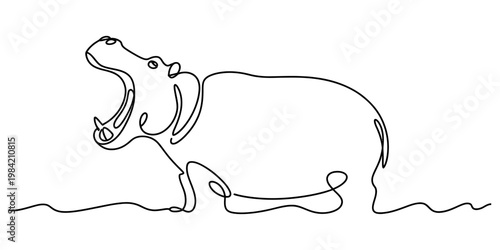 Minimalist continuous line drawing of a hippopotamus standing with its large mouth wide open Vector, illustration