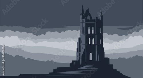 Eerie Gothic Castle Illustration Vector, Spooky Architecture in the Dark
