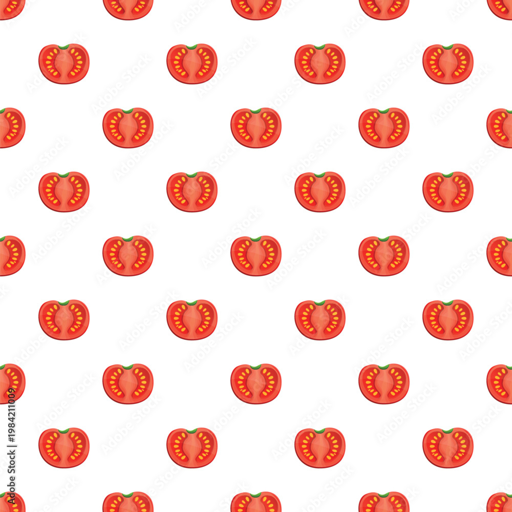 Fototapeta premium Tomato halves forming a vibrant red vegetable pattern against a white background