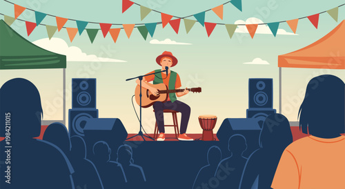 Outdoor Music Festival Vector Illustration with a Performer on Stage and a Crowd Enjoying the Performance under Colorful Bunting