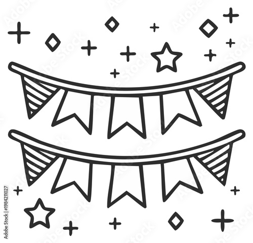 Hand drawn party bunting flags with stars and confetti doodle sketch illustration for celebration