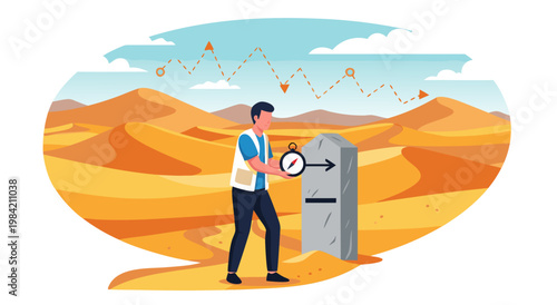 Vector illustration of a determined person holding a compass near a stone marker in a desert landscape with a dotted line trajectory