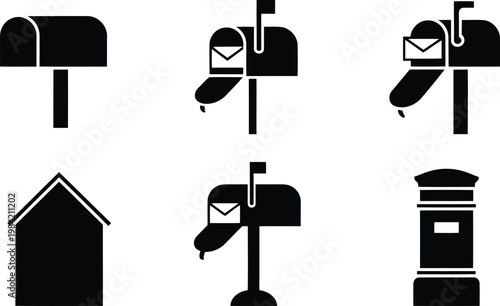 Black and white mailbox icons set various styles and designs
