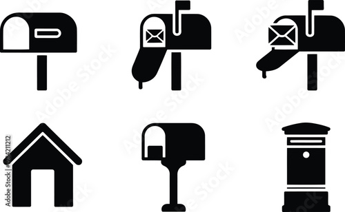 Black and white mailbox icons set with various styles and designs