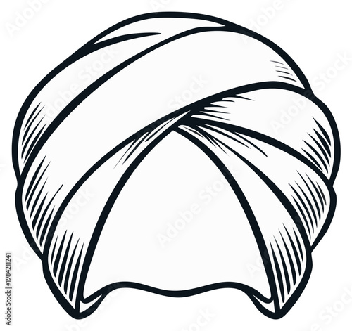 Black and white hand-drawn turban illustration for design or decoration.