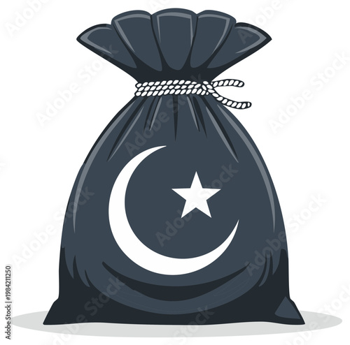 Charity sack with Islamic crescent moon and star symbol for religious donations and giving