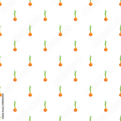 Onions with green sprouts filling a white background in a repeating seamless pattern