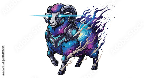 Majestic space ram mascot illustration, featuring a galactic wool pattern, futuristic armor, and glowing blue laser eyes amidst cosmic energy.