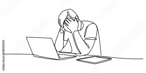 A single continuous line drawing of a person feeling stressed and tired while using a laptop computer Vector, illustration