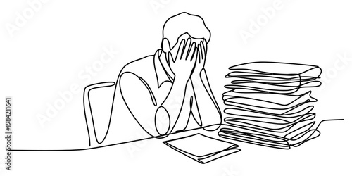 A line art illustration depicting a stressed person sitting at a desk with a large stack of paper Vector, illustration