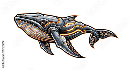 Elaborate steampunk whale illustration, showcasing a metallic, mechanical marine creature with intricate gears, pipes, and glowing orange accents.