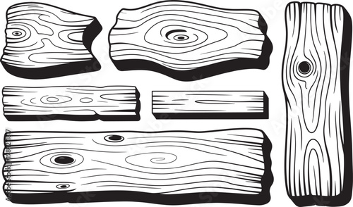 Assortment of wood planks and timber pieces with visible grain, textured natural material elements