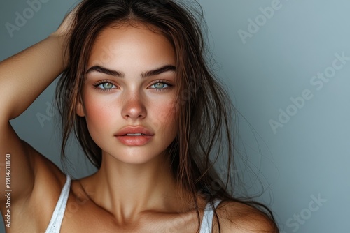 Portrait, beauty and woman in studio for fashion isolated on gray background in Germany. Face, girl and confident model in casual clothes, skin makeup and cosmetics of stylish hairdresser on backdrop