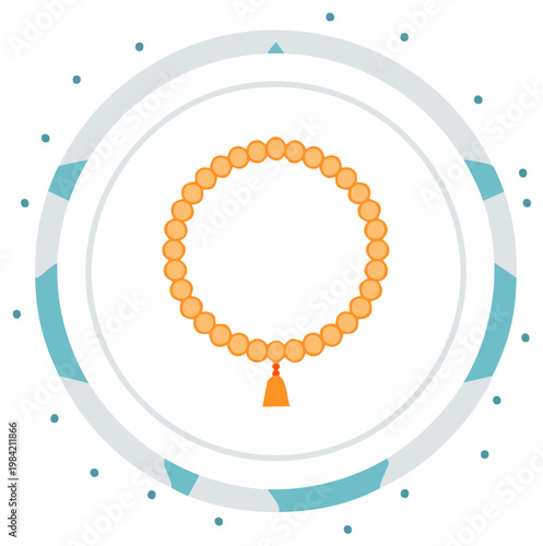 Prayer beads icon, meditation rosary with orange round beads and tassel within a decorated circular frame design, vector