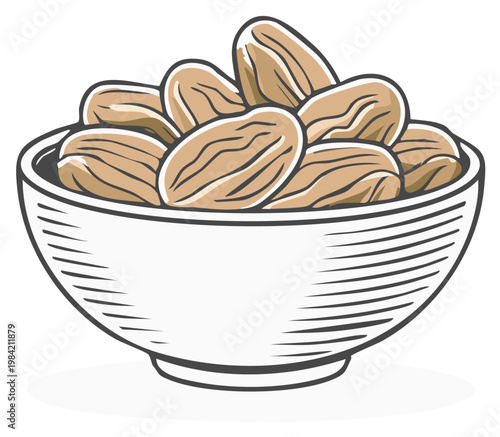 Hand drawn illustration of a bowl filled with healthy dates or almonds a nutritious snack