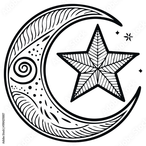 Intricate Crescent Moon with Star and Celestial Ornaments Symbol of Night Sky and Mysticism