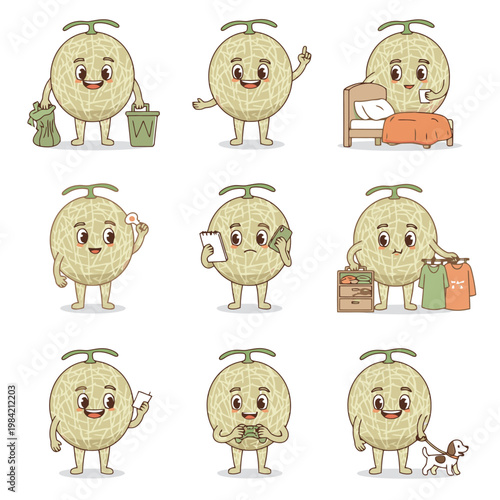 Large set of vector illustrations of tofu skin or bean curd products including dry stacks, soaked sheets in water, spicy hot pot bowls and a cute smiling mascot character.