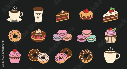 Assorted dessert icons including coffee cupcakes donuts macarons and cake slices arranged on a dark black background.