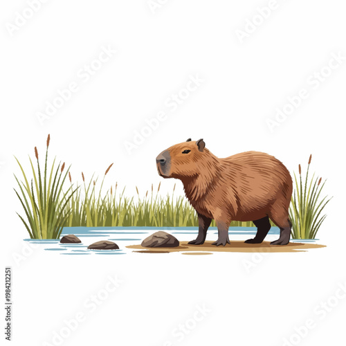 Detailed digital illustration of a capybara standing on a muddy bank by a pond with green cattails and marsh reeds, isolated on a white background, showing its brown fur and profile.