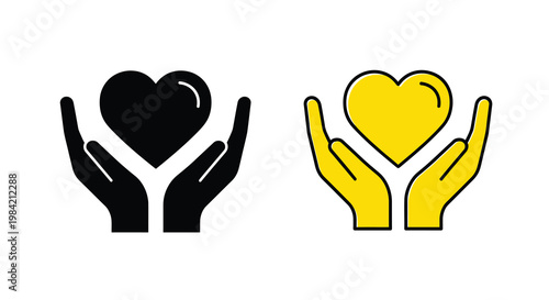 Two depictions of hands cradling a heart one black and one yellow