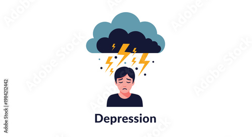 Conceptual illustration of a person suffering from depression standing under a dark storm cloud with rain and lightning.