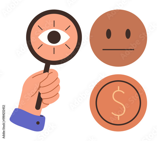Privacy, financial analysis, emotion recognition, observation, data analytics, security solutions. Hand holding magnifying glass with eye, neutral face and dollar sign icons. Privacy and financial