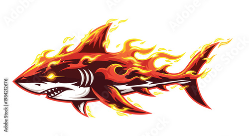 Intense illustration of a fiery red shark, engulfed in vivid flames and glowing with fierce heat, showcasing power and aggression.