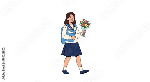 Happy schoolgirl in a blue and white uniform carrying a backpack and a book while holding a bouquet of flowers.