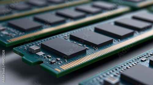 Computer ram memory modules on a circuit board, representing advanced digital technology, data storage, processing power, and hardware development for electronic devices