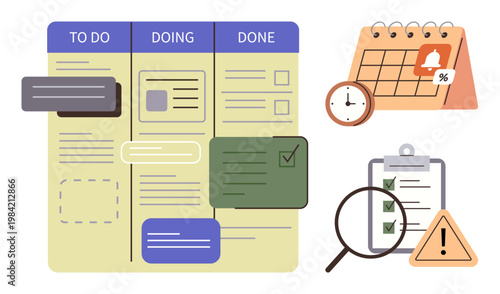 Productivity, task management, project planning, workflow optimization, scheduling, and time tracking. Visual of a Kanban board, calendar clock checklist and alert symbols. Productivity and task