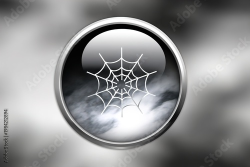 A close-up view of a spider web inside a metallic circle