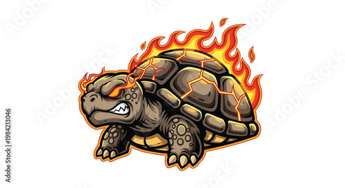 Aggressive illustration of a fiery tortoise, featuring a cracked, lava-like shell, glowing orange eyes, and surrounded by vibrant flames.