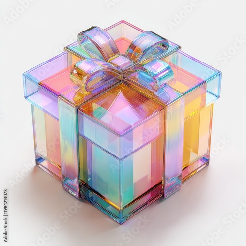 A vibrant, iridescent gift box with a bow shimmers against a neutral backdrop.