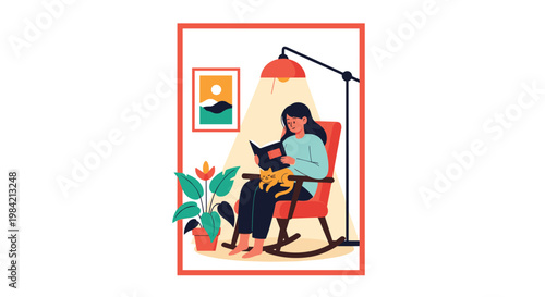 Woman relaxing in a rocking chair under a floor lamp while reading a book with a cat on her lap in a red frame.
